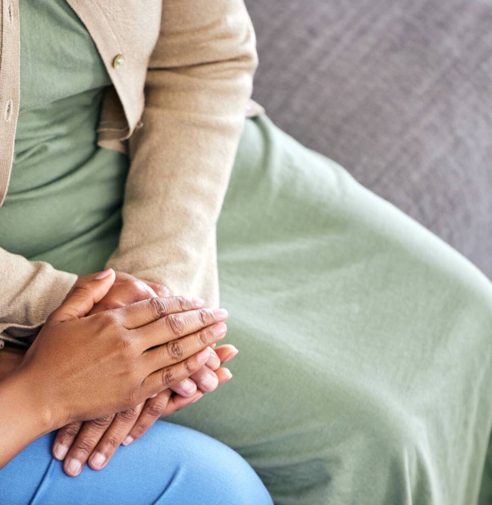 Hands, empathy and help, caregiver with patient for support, assistance with mental health and anxi.